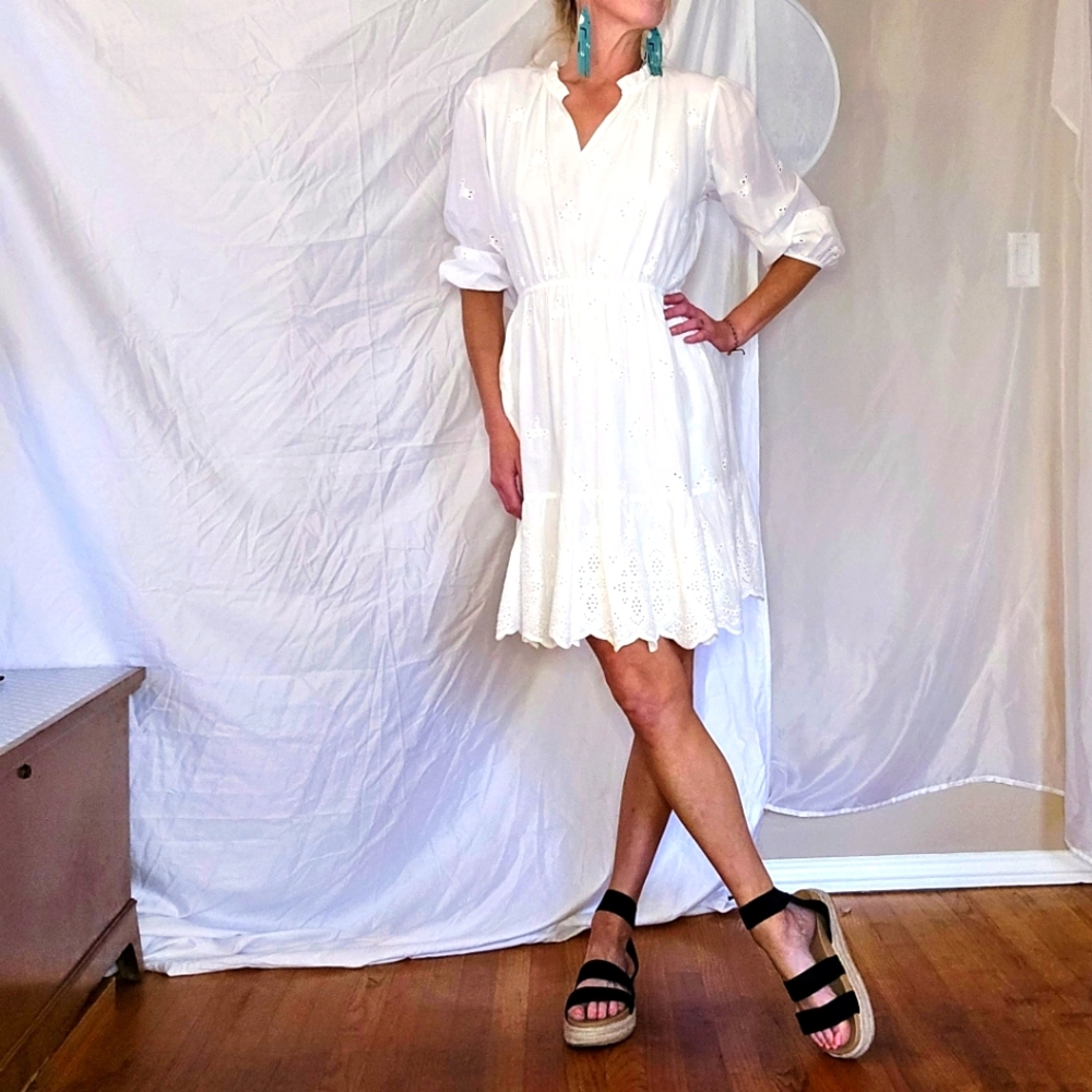 Knox Rose Women's Size M, White, Eyelet Bishop 3/4 Sleeve Tiered A-Line Dress